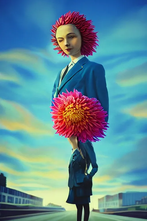 Image similar to closeup giant dahlia flower head, girl in a suit on a street, surreal photography, blue sky, sunrise, dramatic light, impressionist painting, digital painting, artstation, simon stalenhag