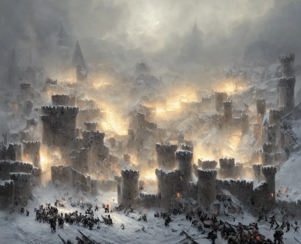 Image similar to Siege of a medieval castle in winter while two great armies face each other fighting below and catapults throw stones at the castle destroying its stone walls, heavy snow storm, fantasy, medieval, fire, explosions and grey smoke here and there, highly detailed, Artstation, oil on canvas painting by greg rutkowski