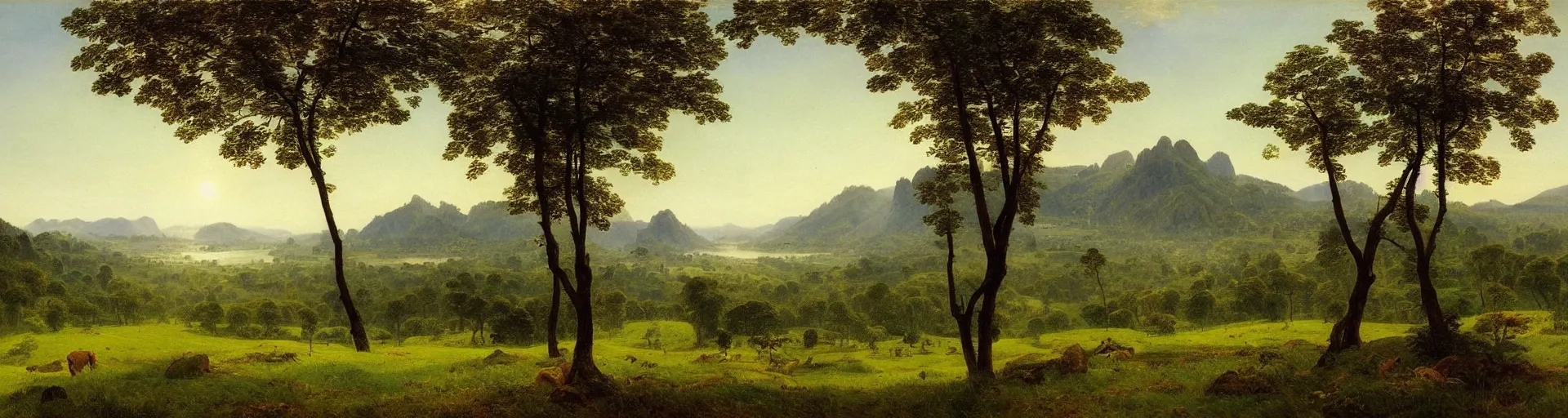 Prompt: view over a landscape of grassland and river and forest and mountains and villages and lake in brasil, morning in july 1 8 0 0, romantic impressionism, artstation, by caspar david friedrich