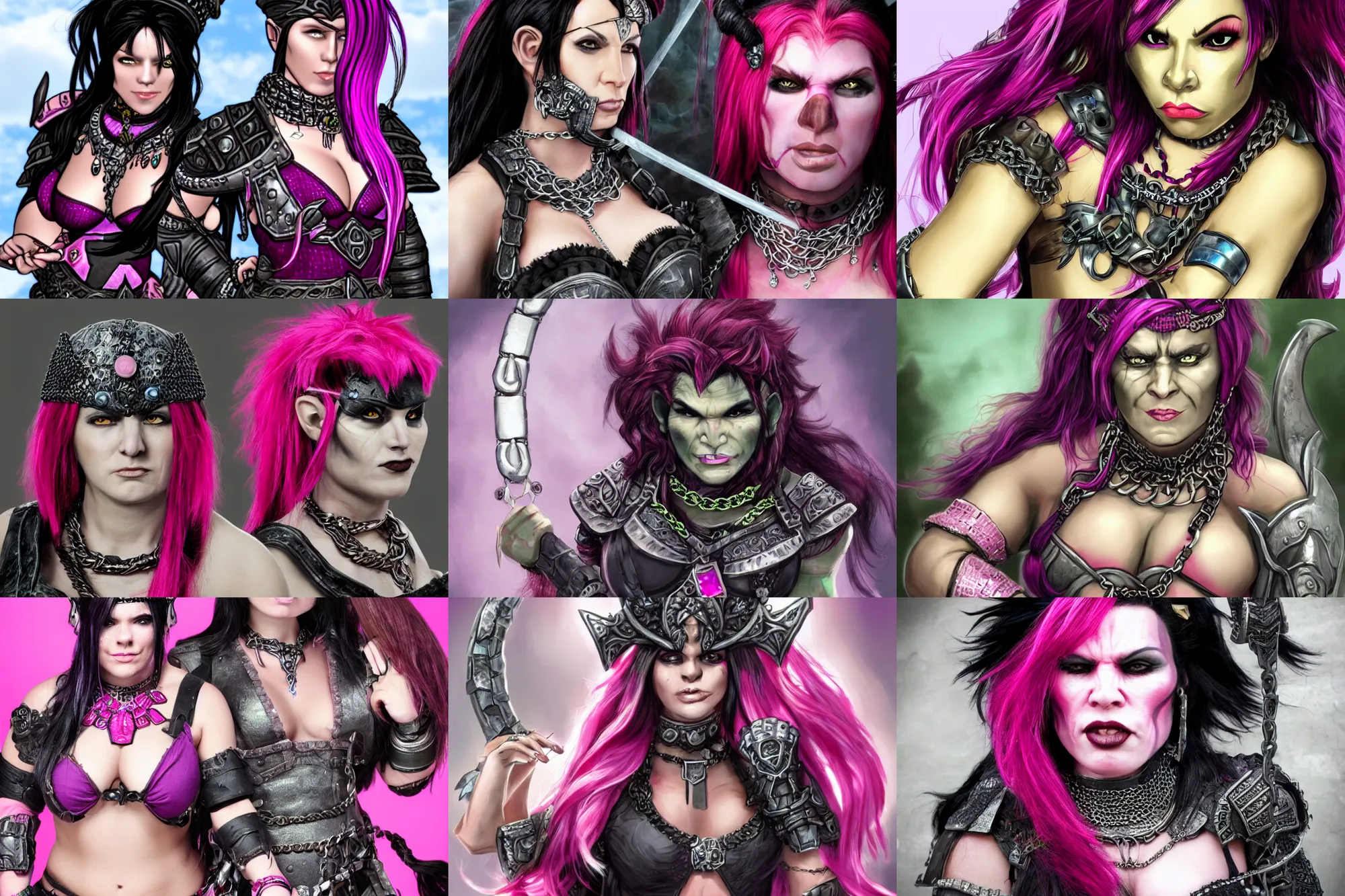 Prompt: half - orc woman with black hair and pink highlights in hair, wearing elaborate jewellery and chain mail