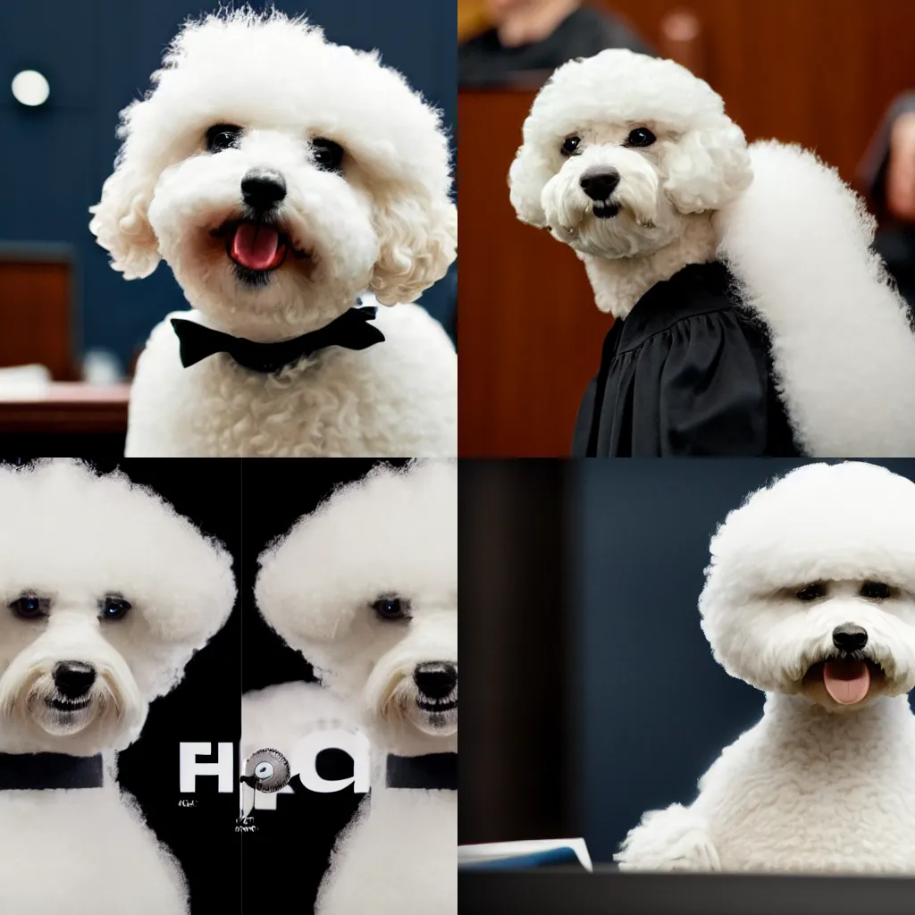 Image similar to a closeup photorealistic photograph of a cute smiling white bichon frise judge wearing a black gown and speaking to the courtroom. this 4 k hd image is trending on artstation, featured on behance, well - rendered, extra crisp, features intricate detail, epic composition and the style of unreal engine.