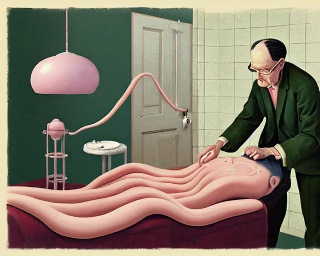 Prompt: the famous snake oil salesman Uncle Aloysius curing a patient of the pink wojacity, painting by Grant Wood, 3D rendering by Beeple, sketch by R. Crumb