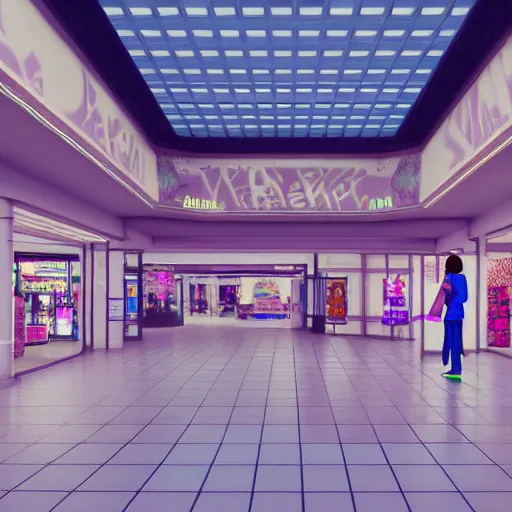 Image similar to vaporwave 9 0 s dreamy empty shopping mall, highly detailed, 3 d render, vray, octane, realistic lighting, photorealistic