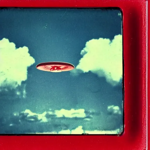 Image similar to vintage polaroid of a beautiful woman spotting a ufo in the sky, seen from behind, detailed clouds, warm azure tones, red color bleed, film grain