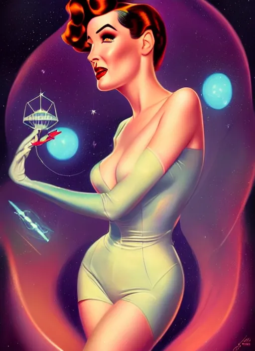 Image similar to a retro sci - fi pinup illustration of dita von teese in the style of anna dittmann and in the style of charlie bowater and in the style of alberto vargas and in the style of gil elvgren.