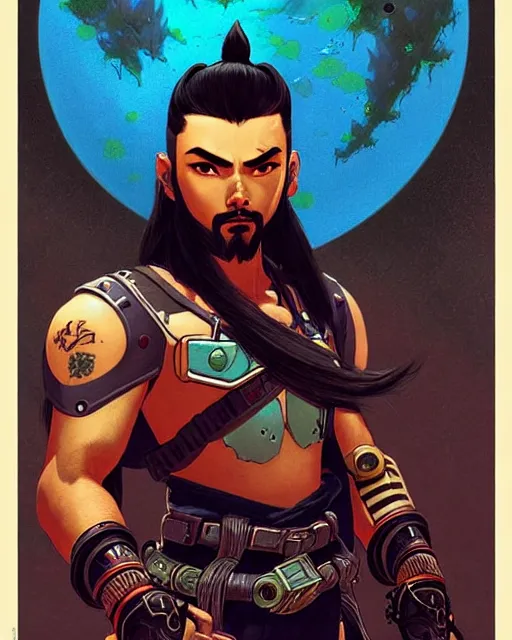 Image similar to hanzo from overwatch, character portrait, portrait, close up, concept art, intricate details, highly detailed, vintage sci - fi poster, retro future, vintage sci - fi art, in the style of chris foss, rodger dean, moebius, michael whelan, katsuhiro otomo, and gustave dore