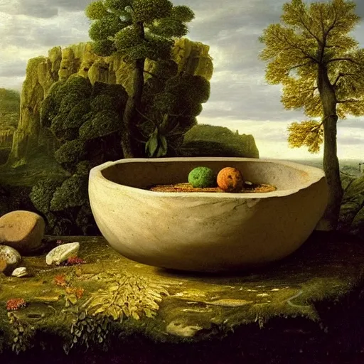 Image similar to still life of a stone bowl containing a miniature landscape, surrealism, photorealistic, river and trees and hills, extremely detailed, by clara peeters and rob gonsalves and caspar david friedrich