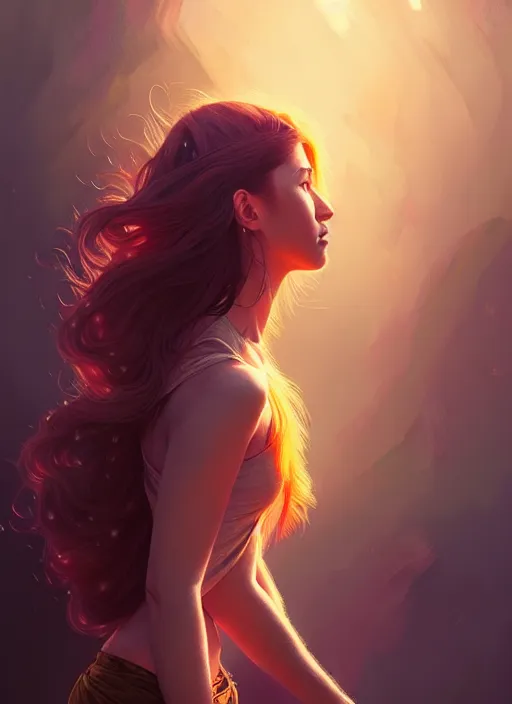 Image similar to handsome young women with shoulder length fire hair, half body shot, path traced, highly detailed, high quality, digital painting, alena aenami, lilia alvarado, shinji aramaki, karol bak, alphonse mucha, tom bagshaw