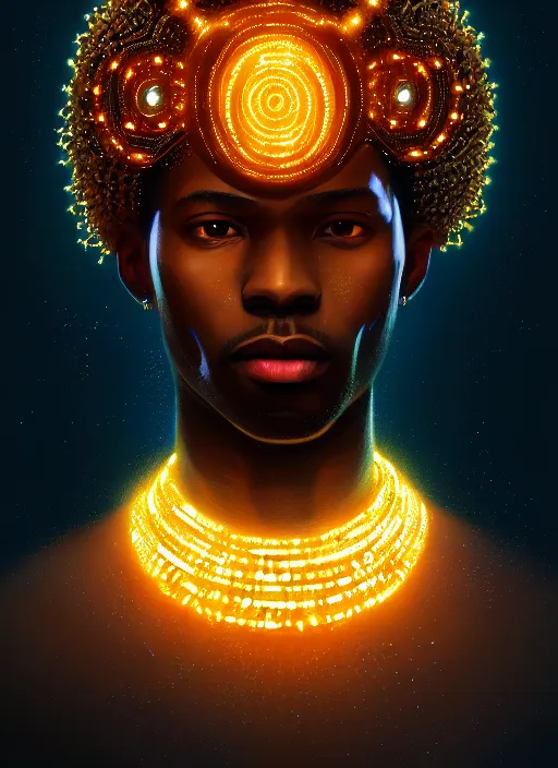 Image similar to portrait of young black man with glowing jewels, afro - futurist style, intricate, elegant, glowing lights, highly detailed, digital painting, artstation, concept art, smooth, sharp focus, illustration, art by wlop, mars ravelo and greg rutkowski