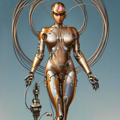 Image similar to fully body, stunningly beautiful woman cyborg robot in metal cable and wire by sorayama , highly detailed, digital painting, artstation, concept art, sharp focus, illustration, art by artgerm and greg rutkowski and art nouveau mucha