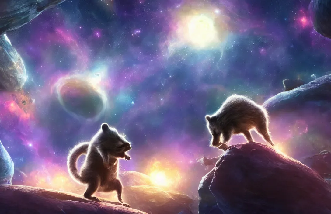 Image similar to A digital concept art painting a space cosmic racoon in the stars 4K UHD image, unreal engine