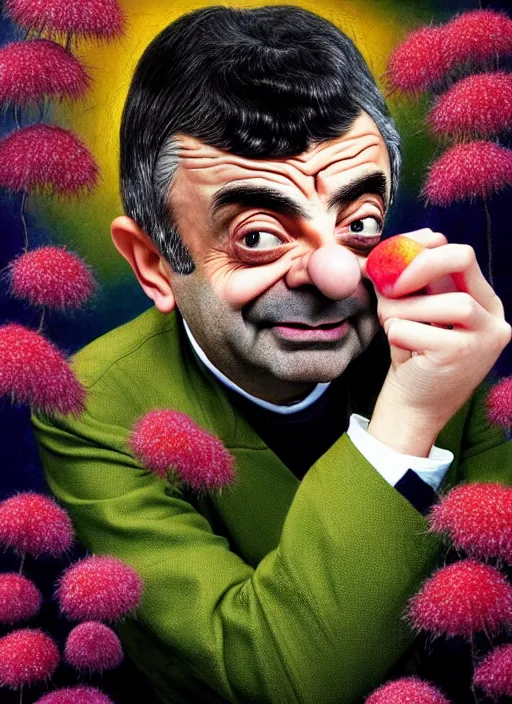 Prompt: hyper detailed 3d render like a Oil painting muted colors - slightly silly portrait of Rowan Atkinson crosseyed as Mr. Bean in Aurora seen Eating of the Strangling network of yellowcake aerochrome and milky Fruit and Her delicate Hands hold of gossamer polyp blossoms bring iridescent fungal flowers whose spores black the foolish stars by Jacek Yerka, Mariusz Lewandowski, Houdini algorithmic generative render, Abstract brush strokes, Masterpiece, Edward Hopper and James Gilleard, Zdzislaw Beksinski, Nicoletta Ceccoli, Wolfgang Lettl, hints of Yayoi Kasuma, octane render, 8k