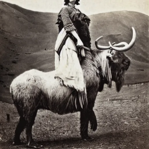 Image similar to vintage photograph of a woman riding a mammoth, 1900s, grain, highly realistic, black and white, Gertrude Käsebier