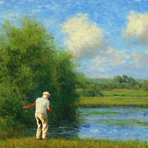 Prompt: elderly man intent on fishing with a fishing rod in a river. around a cane field, light clouds in the blue sky, finely painted in oil in impressionistic style