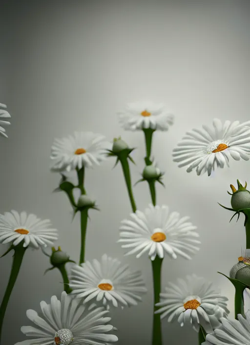 Prompt: perfume bottle standing in white enchanted coral garden of daisies, roses in an ivory room well contoured smooth fair walls, up close shot, sharp focus, global illumination, radiant light, alexandre ferra white mecha, irakli nadar, octane highly render, 4 k, ultra hd,