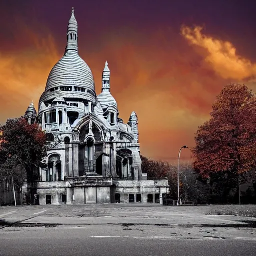 Image similar to abandoned Basilica of Sacré Coeur de Montmartre, toxic orange and pink clouds strain the sunlight, stark contrasting lighting, contrejour, a two-headed mutated deer-like creature looks on in the distance from the sparse twisted silhouetted foliage, a highly detailed colorful matte painting by Scott Listfield and Mikko Lagerstedt, featured on Artstation, Unreal Render, 8k HDR, fisheye