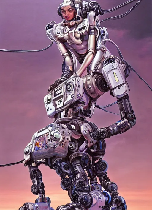 Image similar to An epic fantastic realism graphic novel cover style painting of a beautiful girl, riding on the shoulders, of a robot with four arms, robotics, short pigtails hair, cyberpunk, Concept world Art, ultrarealistic, hyperrealistic, dynamic lighting by Hajime Sorayama