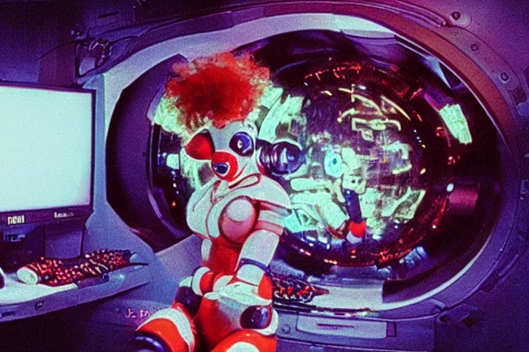 Image similar to cute robo - clowngirl in clowncore cyberspace, fractal, in 2 0 5 5, y 2 k cutecore clowncore, low - light photography, bathed in the glow of a crt monitor, still from a ridley scott movie