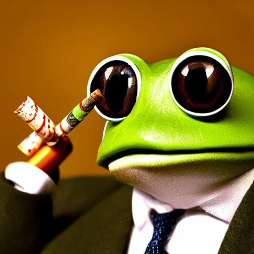 Image similar to a high detail closeup shot of a frog wearing a suit 👔,and smoking a cigarrette🚬