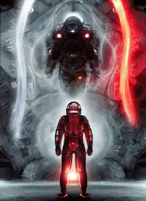 Image similar to complex poster by craig mullins astronauts in futuristic dark and empty spaceship underwater. infrared complex and hyperdetailed technical black suit. mandelbulb fractal. reflection and dispersion materials. rays and dispersion of light. volumetric light. 5 0 mm, f / 3 2. noise film photo. flash photography. unreal engine 4, octane render