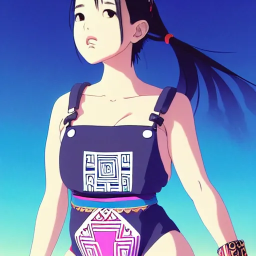 Image similar to a beautiful plus sized model japanese natalie portman, alluring plus sized model, wearing mayan leotard with overalls, street fashion hip hop style with mayan patterns, aztec street fashion, gapmoe yandere grimdark, trending on pixiv fanbox, painted by greg rutkowski makoto shinkai takashi takeuchi studio ghibli, akihiko yoshida