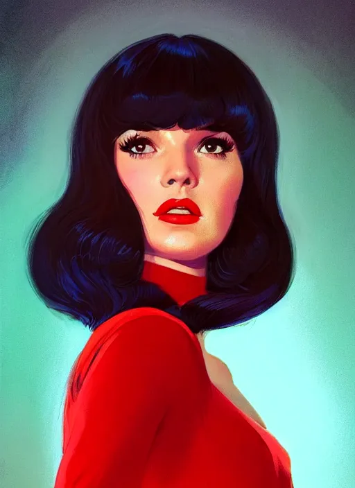 Image similar to portrait of veronica lodge with bangs, 1 9 6 0 s, long hair, red clothes, bangs, intricate, elegant, glowing lights, highly detailed, digital painting, artstation, concept art, smooth, sharp focus, illustration, art by wlop, mars ravelo and greg rutkowski