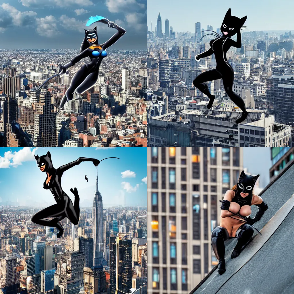 Prompt: cat-woman fighting with mouse-man on the skyscraper's roof over the city