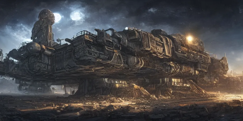 Image similar to A beautiful highly detailed matte painting of a huge derelict cargo starship, Space Hulk, WarHammer 40k by Jose Daniel Cabrera Pena and Leonid Kozienko, concept art H 1024