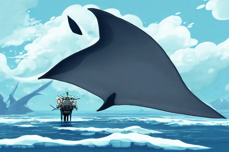 Image similar to cell shaded cartoon of a giant mechanized grey manta ray from howl's moving castle ( 2 0 0 4 ), in an icy river, full body, wide shot, very muted colors, post grunge, studio ghibli, highly detailed, deviantart, art by artgem