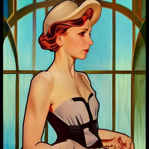 Image similar to a streamline moderne painting in the style of mort kunstler, and in the style of charlie bowater, and in the style of alphonse mucha. symmetry, smooth, sharp focus, semi - realism, intricate detail.