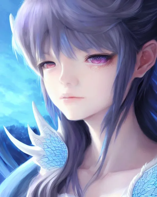 Image similar to character concept art of a girl with ice dragon horns and wings | | very anime, dragon scales, cute - fine - face, pretty face, realistic shaded perfect face, fine details by stanley artgerm lau, wlop, rossdraws, james jean, andrei riabovitchev, marc simonetti, and sakimichan, tranding on artstation