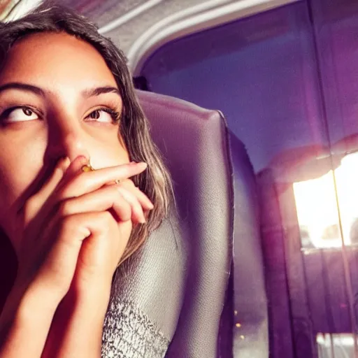 Image similar to a young women, broken hearted, on a greyhound bus to find out where her love has been, nighttime, retrowave