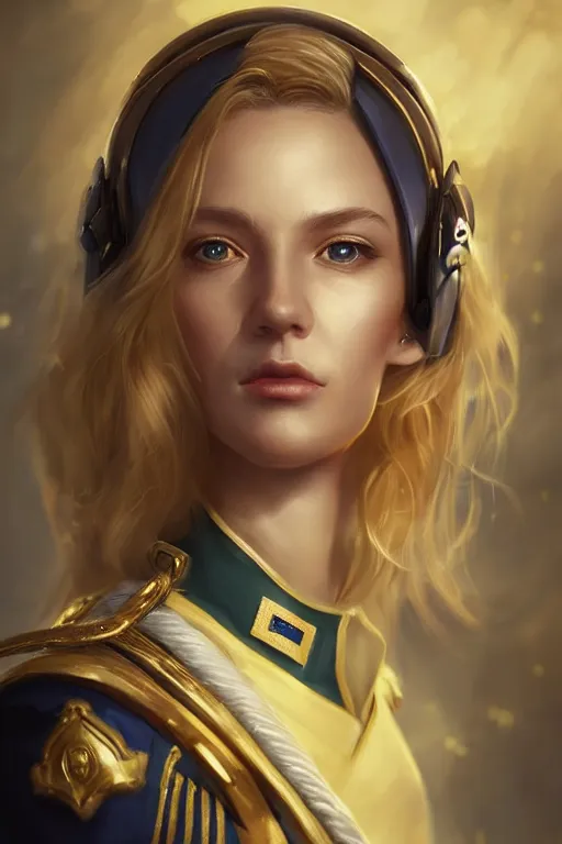 Image similar to beautiful portrait of a female officer wearing a fancy naval uniform, art by wlop and artgerm, science fiction, detailed eyes, blonde hair, space background, trending on artstation, sharp focus, illustration, caustics, octane render, 4 k, radiant light