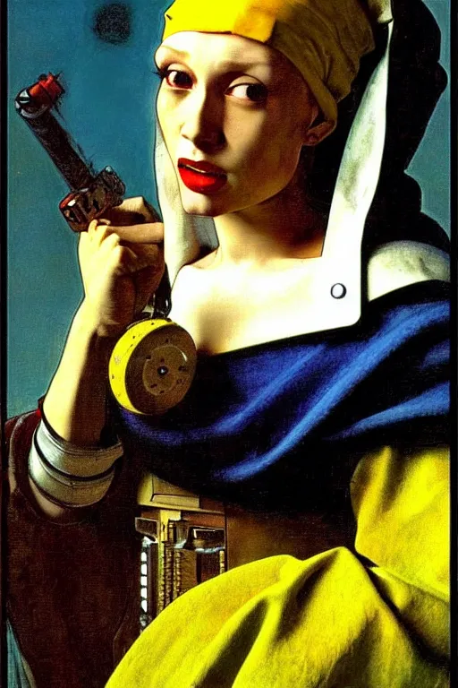 Image similar to full character portrait max mad cyberpunk warhammer 4 0 k, medic sapper not the girl with the pearl earring character design, painting by vermeer, frank frazetta, mucha klimt
