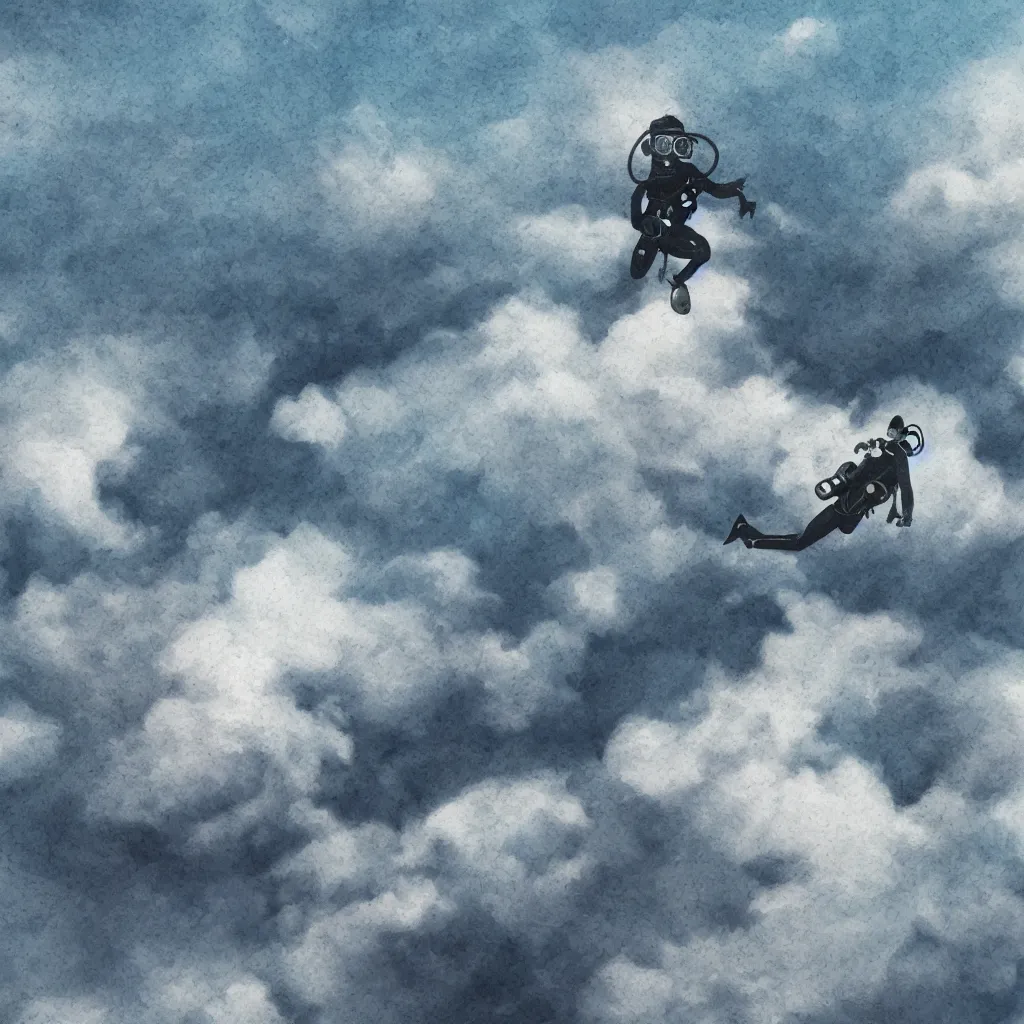 Image similar to a single scubadiver floating above the clouds, closeup, digital drawing
