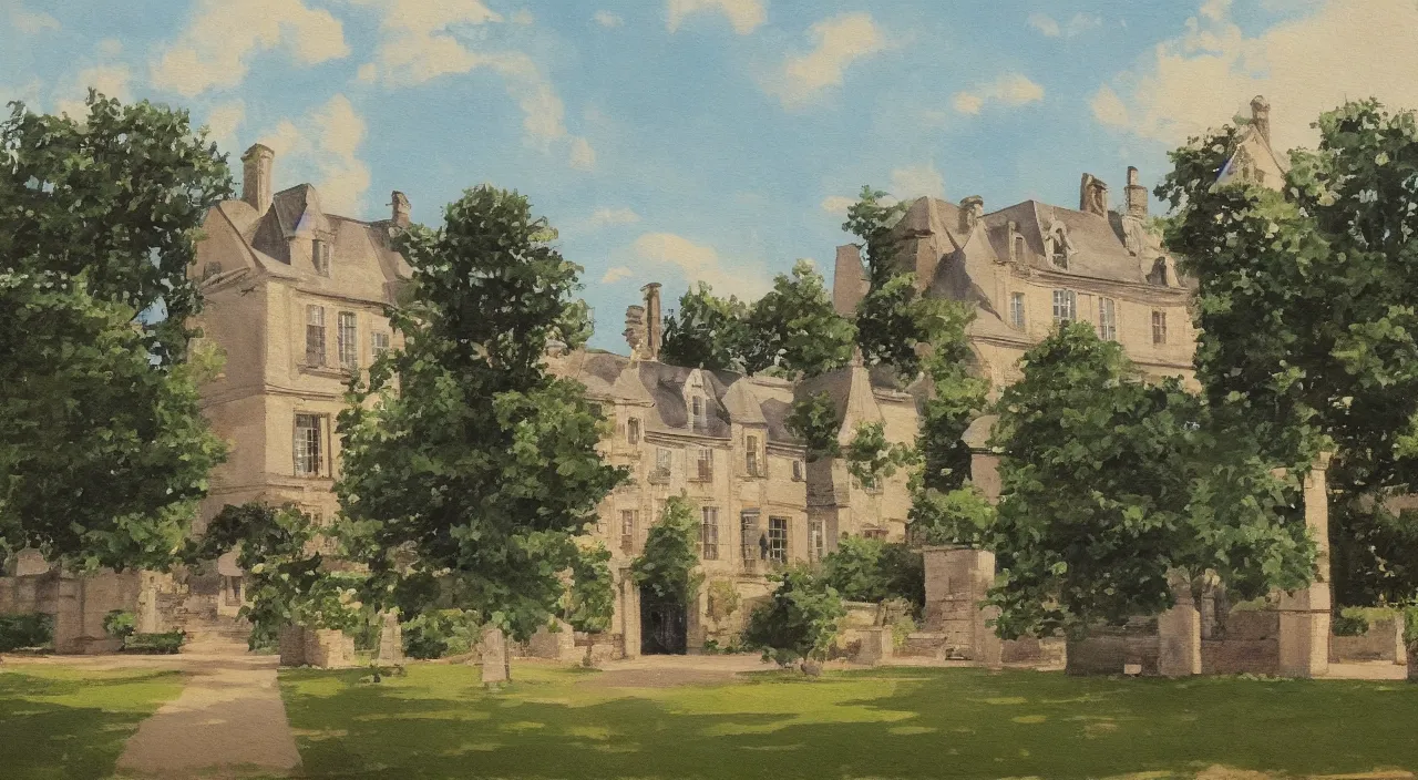 Image similar to a painting of a French manor, with a square, in the style of anime