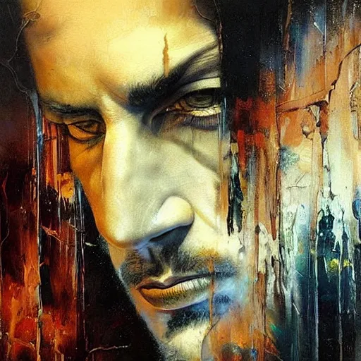 Prompt: a rugged man standing, ethereal, painting by karol bak