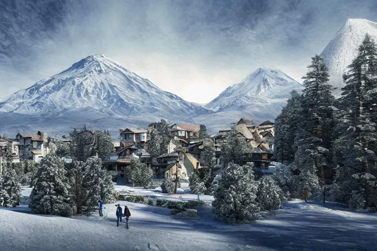 Image similar to cottege settlement with lots of trees on the foot of the Elbrus mountain mountain covered by snow, architecture, matte painting, high details, ecofuturism,