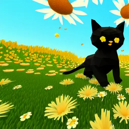 Prompt: a black cat with a honeycomb in a field of daisies with bees flying around it, low poly, nintendo 64 screenshot, low texture, retro