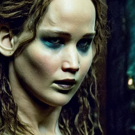 Image similar to jennifer lawrence as frankenstein's monster, color photography, sharp detail, still from the movie mary shelley's frankenstein