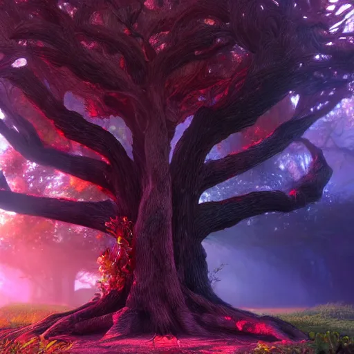 Prompt: The tree of the knowledge of good and evil, photorealistic, fantasy, unreal engine, colorful, cinematic