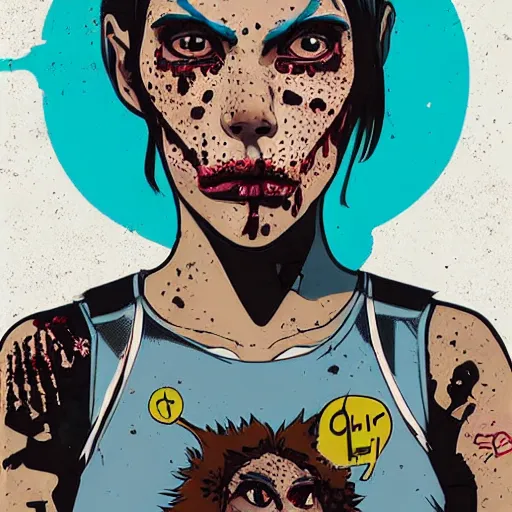 Prompt: Highly detailed portrait of a punk zombie latino young lady with freckles by Atey Ghailan, by Loish, by Bryan Lee O'Malley, by Cliff Chiang, inspired by iZombie, inspired by graphic novel cover art !!!electric blue, brown, black, yellow and white color scheme ((grafitti tag brick wall background))