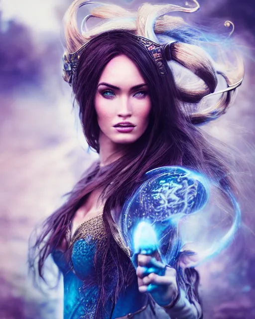 Image similar to photorealistic head and shoulders photo of beautiful mage magical enchantress female ornate fantasy elf warrior goddess, megan fox, wind blown hair, arney freytag, Magic the gathering,octane, bokeh, 8k, fashion pose, cinematic, 28mm