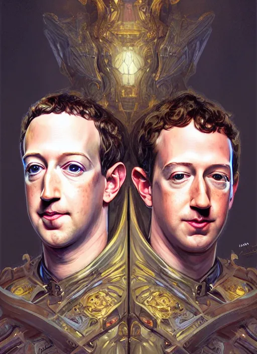 Prompt: symmetry!! portrait of mark zuckerberg + jeff bezos, fantasy, medieval wear, intricate, elegant, highly detailed, digital painting, artstation, concept art, smooth, sharp focus, illustration, art by artgerm and greg rutkowski and alphonse mucha