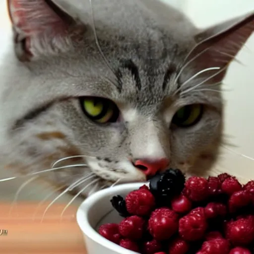 Prompt: cctv footage of a cat eating berries. close up. caught on camera