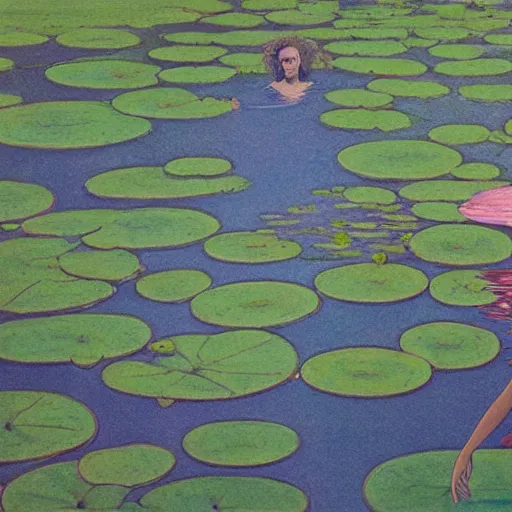 Image similar to A girl bathes in a lake where water lilies are floating, art by moebius, High definition, detailed,