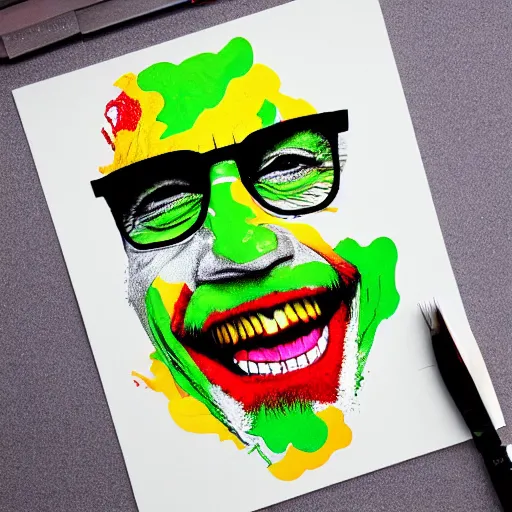 Prompt: logo design, walter white smiling like the joker, splatter paint