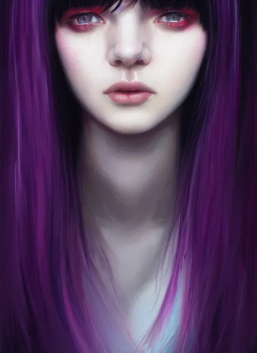 Image similar to portrait of teenage girl with white bangs, red irises, black hair, purple clothes, white bangs, bangs are different color from hair, intricate, front of hair is white rest is black, elegant, glowing lights, highly detailed, digital painting, artstation, concept art, smooth, sharp focus, illustration, art by wlop, mars ravelo and greg rutkowski