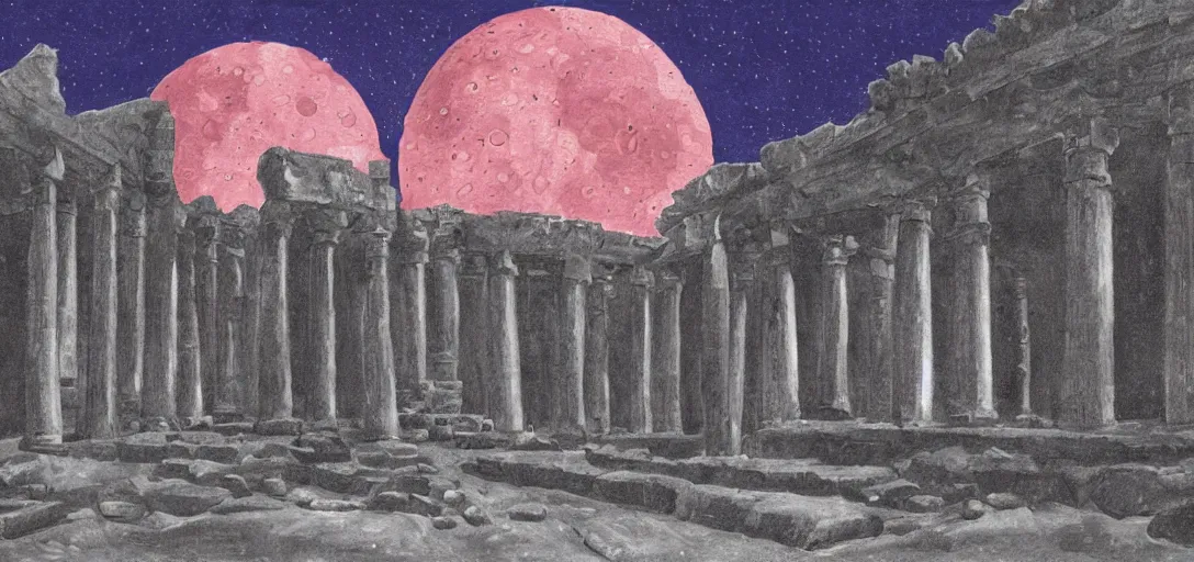 Image similar to The ruins of the Silver Millennium on the moon from Sailor Moon, digital painting, Earth in the distance, Greek-esque columns and ruins, grey sand