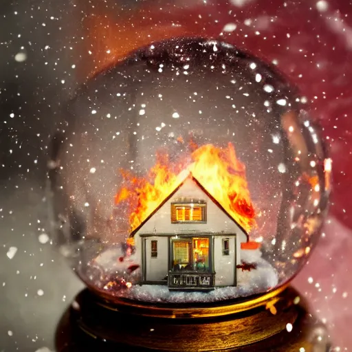Prompt: house in flames inside a snow globe, award winning photo, depth of field, dramatic, burning